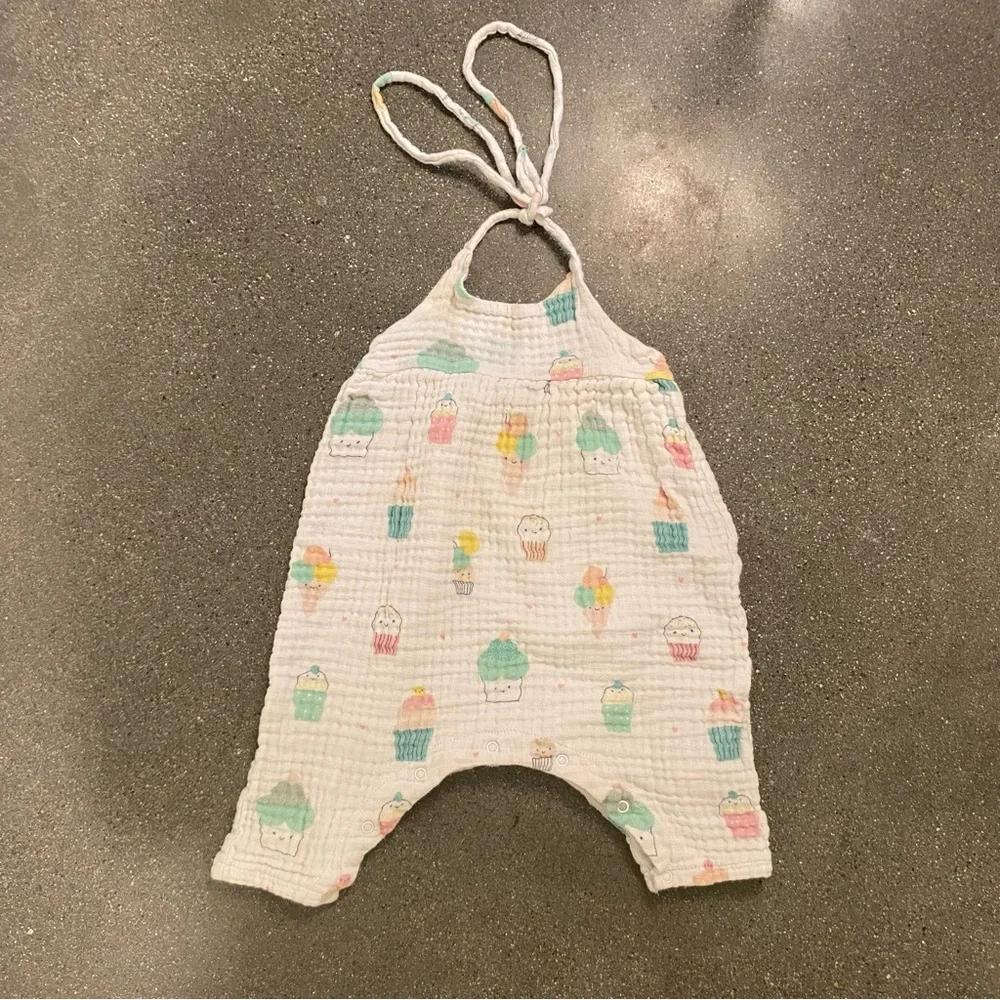 Angel Dear Girls 6-12 months Tie Back Romper Muslin Cotton Ice Cream Summer